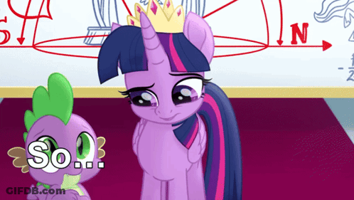 A Purple Pony With A Crown On Her Head Stands Next To A Green Pony With The Word So On It GIF