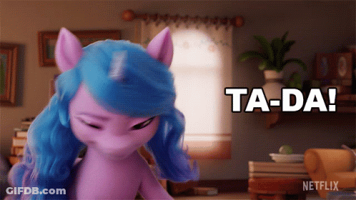 A Purple Pony With Blue Hair Says Ta-Da In A Living Room GIF