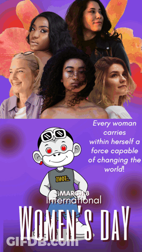 A Purple Poster For Women 'S Day With A Cartoon Character GIF