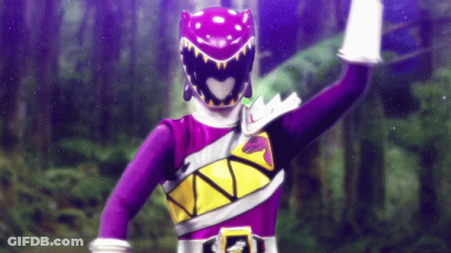 A Purple Power Ranger With A Black Helmet And A Yellow Belt . GIF