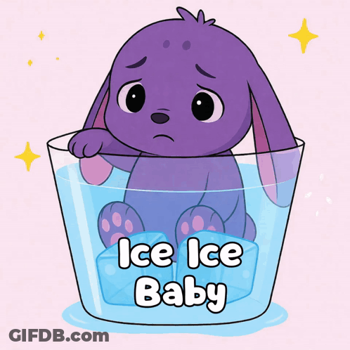 A Purple Rabbit Is In A Glass With Ice Cubes And The Words Ice Ice Baby GIF