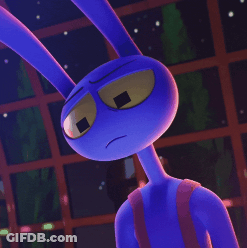 A Purple Rabbit With A Sad Look On His Face GIF