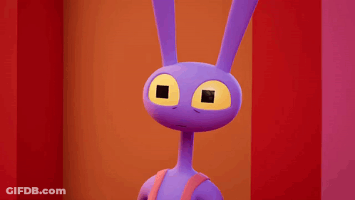 A Purple Rabbit With Yellow Eyes Is Standing In Front Of A Red And Orange Wall . GIF