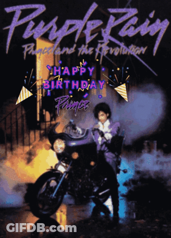 A Purple Rain Album Cover With A Man On A Motorcycle GIF