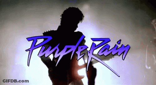 A Purple Rain Logo With A Silhouette Of A Man GIF