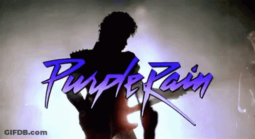 A Purple Rain Logo With A Silhouette Of A Person Holding A Guitar GIF