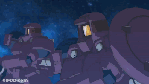 A Purple Robot Is Flying Through The Air In A Spaceship . GIF