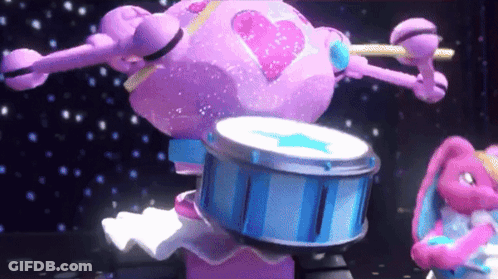 A Purple Robot Is Playing A Blue Drum GIF