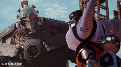 A Purple Robot Is Standing Next To A Gray Robot GIF