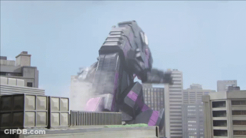 A Purple Robot Is Standing On Top Of A Building In A City GIF