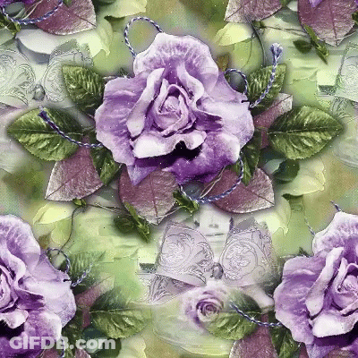 A Purple Rose Is Surrounded By Green Leaves And Ribbons GIF