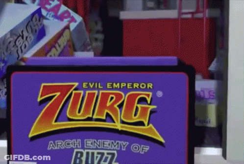 A Purple Sign That Says Evil Emperor Zurg Arch Enemy Of Buzz On It GIF