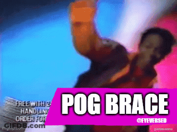 A Purple Sign That Says Pog Brace With A Man In The Background GIF