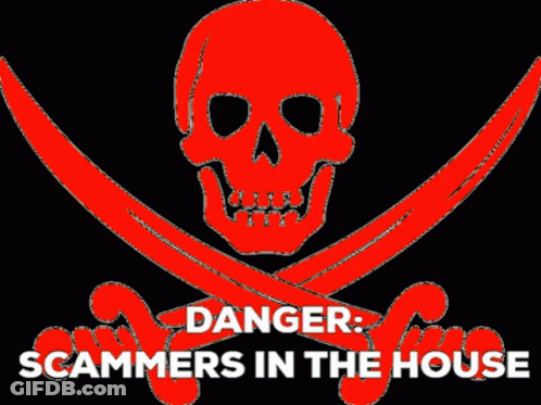 A Purple Skull And Crossed Swords With The Words Danger Scammers In The House Below It GIF