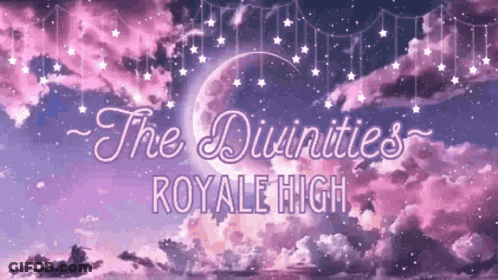 A Purple Sky With A Crescent Moon And The Words `` The Divinities Royale High '' . GIF