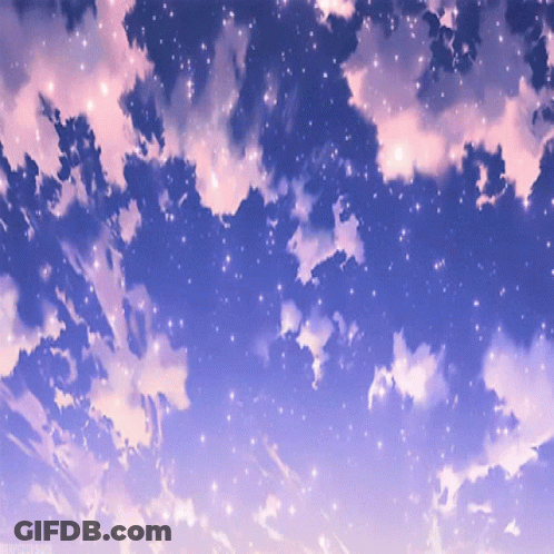 A Purple Sky With Pink Clouds And Stars And A Watermark On The Bottom GIF