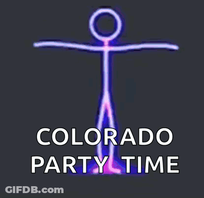 A Purple Stick Figure With The Words Colorado Party Time Written Below It GIF