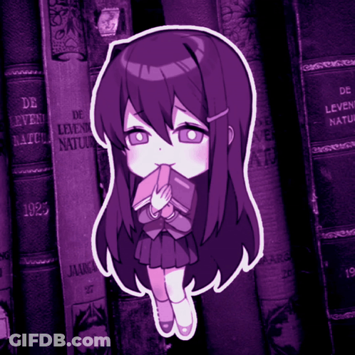 A Purple Sticker Of A Girl Holding A Book In Front Of A Stack Of Books GIF