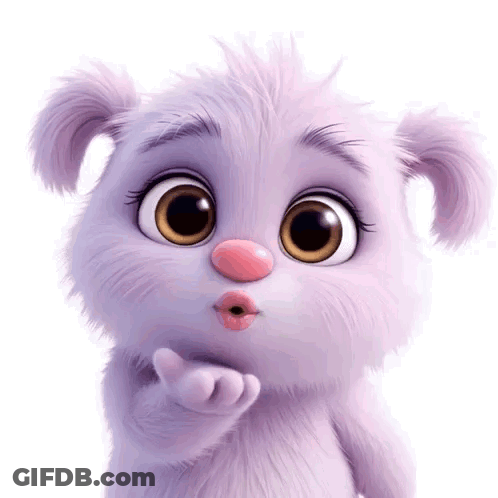 A Purple Stuffed Animal Is Blowing A Kiss At The Camera GIF