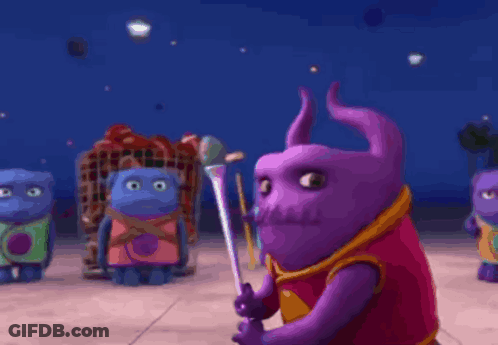 A Purple Stuffed Animal Is Holding A Sword In A Cartoon Scene GIF
