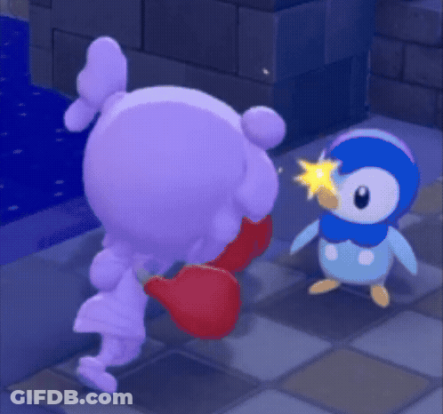 A Purple Stuffed Animal Is Standing Next To A Blue Penguin With A Star On Its Head GIF