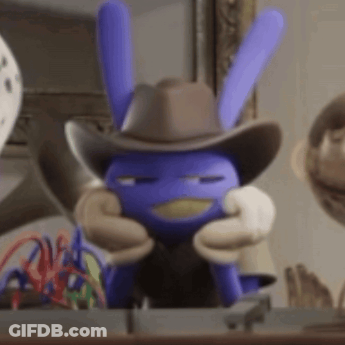 A Purple Stuffed Animal Wearing A Cowboy Hat And Gloves . GIF