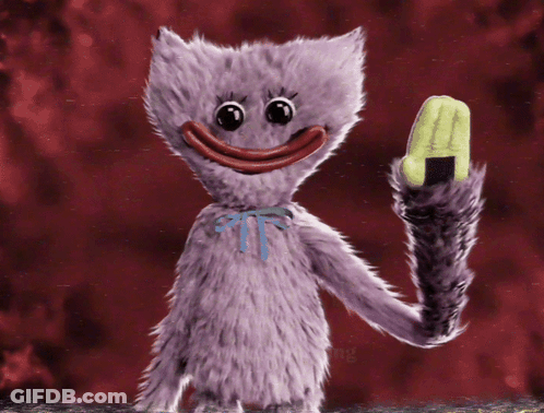 A Purple Stuffed Animal With A Blue Bow On Its Neck Holds A Yellow Object In Its Hand GIF