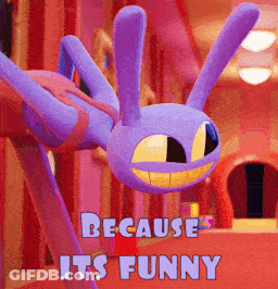 A Purple Stuffed Animal With The Words " Because It 'S Funny " On The Bottom GIF