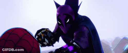 A Purple Superhero With Spikes On His Gloves Is Standing Next To A Red Spiderman GIF