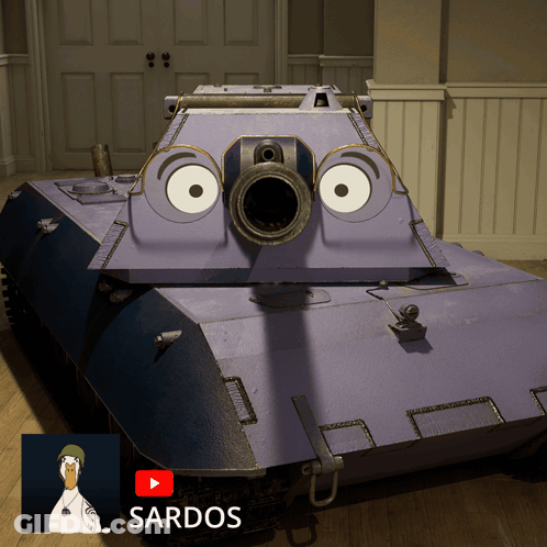 A Purple Tank With A Cartoon Face And A Sardo Duck Behind It GIF