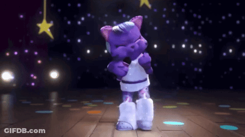 A Purple Teddy Bear Is Dancing On A Disco Floor GIF