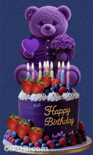 A Purple Teddy Bear Is Sitting On Top Of A Purple Cake That Says Happy Birthday GIF