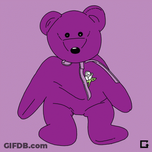 A Purple Teddy Bear With Braces And A Rose On Its Chest GIF