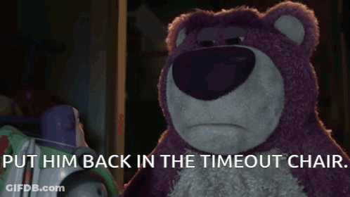 A Purple Teddy Bear With The Words Put Him Back In The Timeout Chair Below It GIF