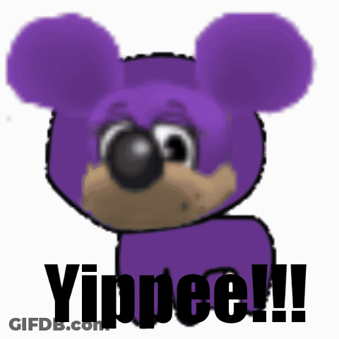 A Purple Teddy Bear With The Words Yippee Written On It GIF