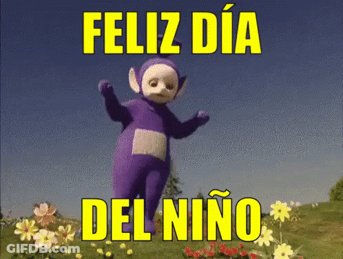A Purple Teletubbies Character Is Dancing In A Field Of Flowers GIF