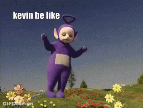 A Purple Teletubbies Character Is Dancing In A Field Of Flowers With The Caption Kevin Be Like GIF