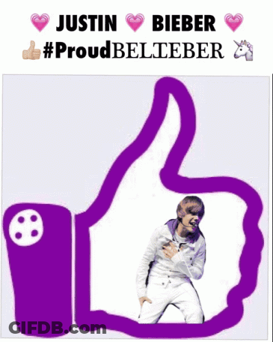 A Purple Thumbs Up Sign With Justin And Bieber On It GIF