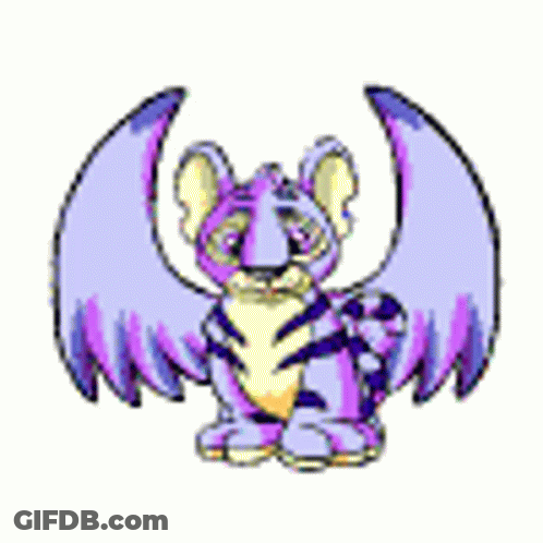 A Purple Tiger With Wings Is Sitting On A White Surface . GIF