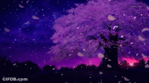 A Purple Tree With Petals Falling From It And Tokyo Mx Written On The Bottom GIF