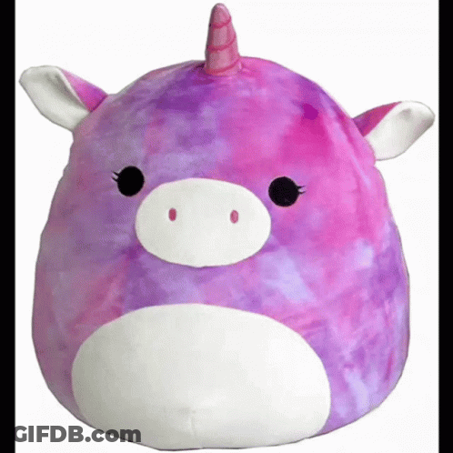 A Purple Unicorn Stuffed Animal With A Pink Horn On A White Background GIF