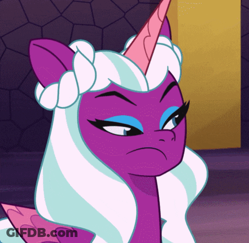A Purple Unicorn With A Braided Mane And A Pink Horn Making An Angry Face GIF