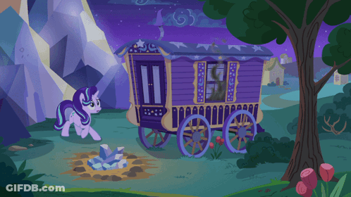 A Purple Wagon With Stars On It Is Being Pulled By A Small Pony GIF