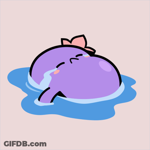 A Purple Whale With A Pink Flower On Its Head Is Laying In The Water GIF
