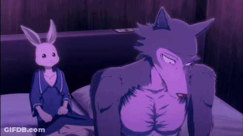 A Purple Wolf And A White Rabbit Are Standing Next To Each Other On A Bed GIF