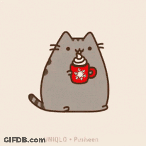 A Pusheen Cat Is Holding A Cup Of Hot Chocolate GIF