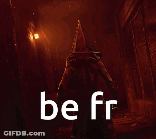 A Pyramid Head With The Word Be Fr Written On It GIF