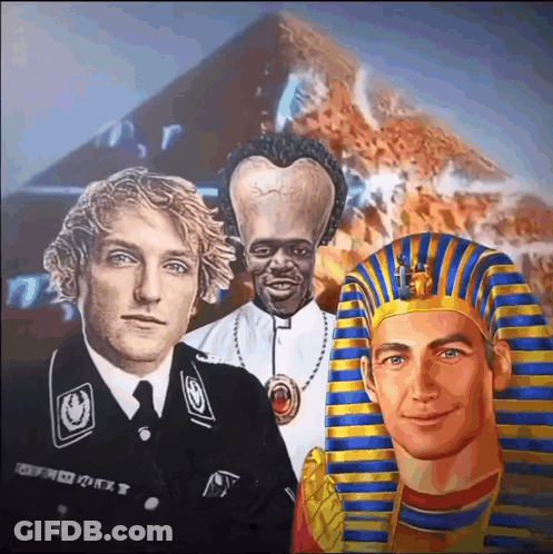 A Pyramid Is Behind A Group Of Men Including A Priest GIF