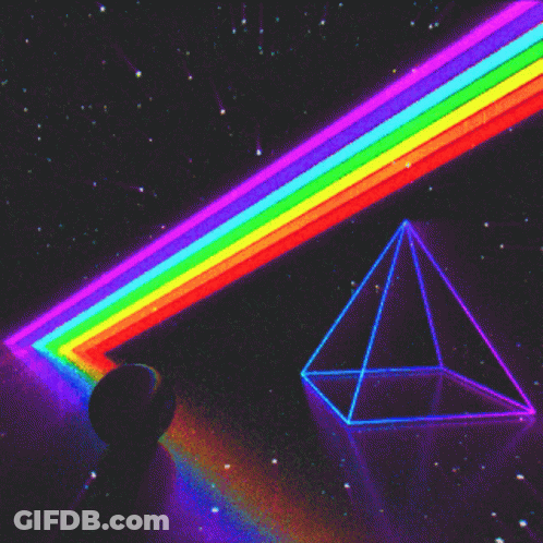 A Pyramid With A Rainbow Colored Beam Coming Out Of It GIF