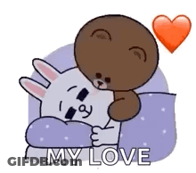 A Rabbit And A Bear Are Hugging Each Other In Bed . GIF